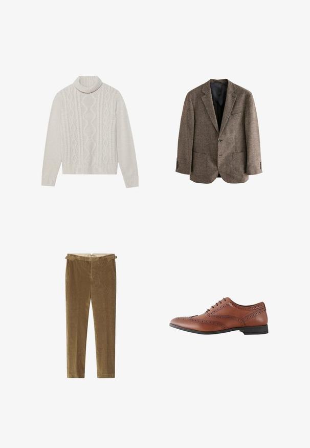 Brun houndstooth blazer, struktureret stof, to frontlommer, enkelt knaplukning, notched lapels, sort indvendig foer.; Cremefarvet kabelstrikket sweater med høj ribkant, prydet med et struktureret mønster samt ribbede manchetter og kant. Blødt uldblend materiale.; Brune corduroy bukser med lige ben-design, der har en subtil ribbet tekstur og bæltestropper i taljen.; Brun læder herre brogue-sko med dekorative perforeringer og sort sål, vist fra siden.