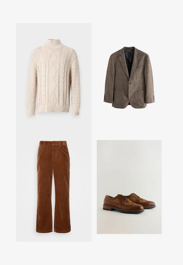 Hnedý houndstooth blazer, textúrovaná tkanina, dve predné vrecká, uzatváranie na jeden gombík, klopové reverzy, čierna podšívka.; Krémový sveter s vysokým golierom a pleteným vzorom vrátane diamantového a vrkočového vzoru, s rebrovanými manžetami a spodným lemom, vystavený na jednoduchom pozadí.; Hnedé kordové nohavice so širokým strihom, s vertikálnou rebrovou textúrou, s gombíkovým zapínaním a štandardnými pútkami na opasok.; Hnedé kožené topánky s brogue detailami, hladkým povrchom, šnurovacími šnúrkami a robustnou gumovou podrážkou pre lepšiu trakciu.
