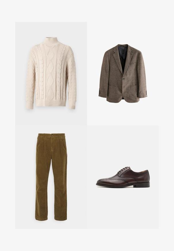 Bruine houndstooth blazer, gestructureerde stof, twee voorzakken, sluiting met één knoop, notch-revers, zwarte binnenvoering.; Crème-kleurige kabelgebreide coltrui met diamanten en gevlochten patronen, met geribbelde manchetten en onderrand, tentoongesteld op een effen achtergrond.; Lindbergh WIDE FIT PANTS - Broek - sand; ALDO DONALD - Zakelijke veterschoenen - dark brown