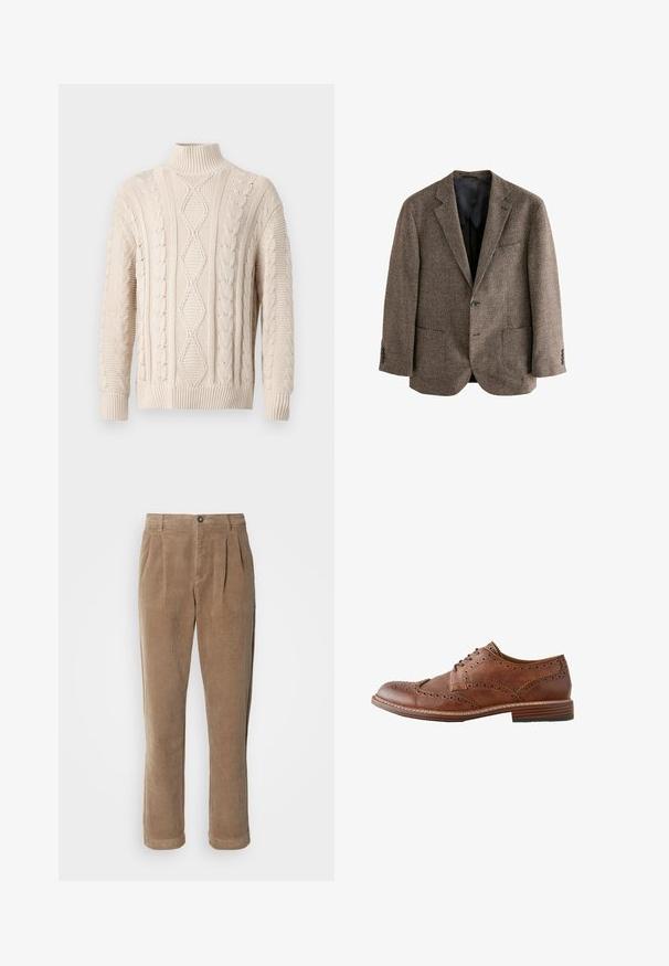 Braune Hahnentrittmuster-Jacke, strukturierter Stoff, zwei Fronttaschen, einknöpfiger Verschluss, schmaler Reverskragen, schwarze Innenauskleidung.; Cremefarbenes, kabelgestricktes Rollkragensweatshirt mit Rauten- und Zopfmustern, mit gerippten Bündchen und Saum, auf einem schlichten Hintergrund präsentiert.; Braune Cordhosen mit einem hochgeschnittenen Design, featuring vorderen Falten, einem Knopfverschluss und geraden Beinen. Das strukturierte Material ist sichtbar.; Brauner Leder-Herren-Wingtip-Oxford-Schuh mit Brogue-Details und gestapeltem Holzabsatz, seitlich auf weißem Hintergrund gezeigt.