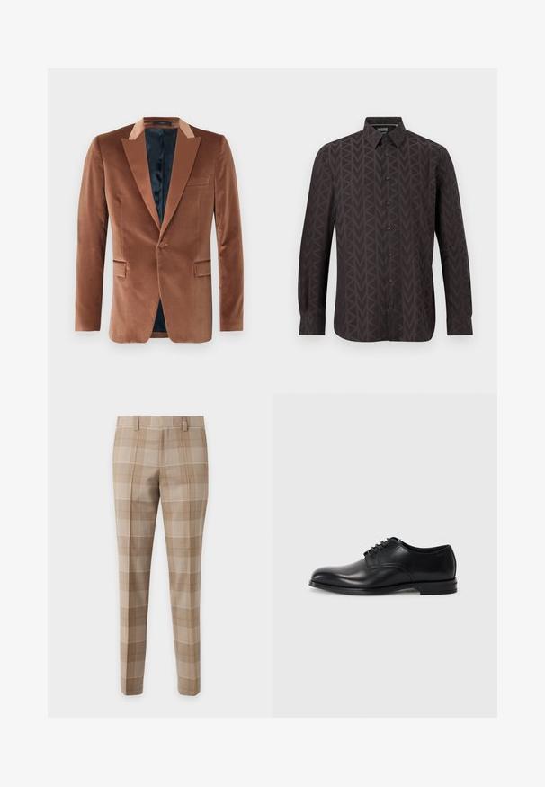 Blazer en velours marron avec col châle en satin, fermeture à un bouton, deux poches avant et une doublure en soie bleue.; Chemise à manches longues marron foncé avec boutons, arborant un motif géométrique "MK" sur l'ensemble et un col standard, présentée sur un fond blanc.; Pantalon beige slim-fit avec un grand motif à carreaux dans des tons beige clair et blanc, avec passants de ceinture et plis à l'avant.; Chaussure habillée en cuir noir avec un bout arrondi, un lacet, une texture lisse et une semelle en caoutchouc basse. Détails de couture minimaux.