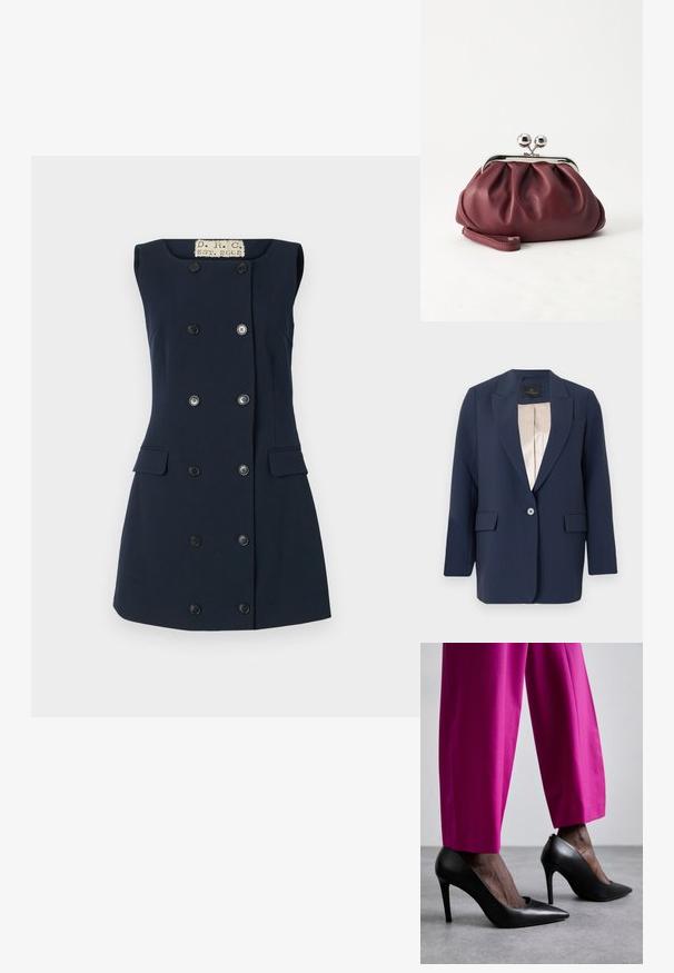 Marineblauw colbert met één knoop, met inkepingen in de revers, klepzakken en een beige satijnen binnenvoering, getoond op een effen achtergrond.; Navy mouwloze jurk met een getailleerde pasvorm, dubbele knoopsluiting, twee frontzakken en een platte kraag voor een gestructureerde silhouet.; Zwarte hoge hakken met een puntige neus en een gladde leren textuur. Gecombineerd met felroze, op maat gemaakte broeken.; Kleine bordeauxrode leren clutch-portemonnee met zilverkleurige metalen sluiting en polsbandje op een witte achtergrond.