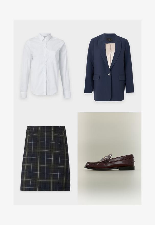 Marineblå blazer med enkelt knap, hakkede revers, klaplommer og beige satinfor, vist mod en ensfarvet baggrund.; Hvid langærmet skjorte lavet af bomuld, med krave, knaplukning foran og en enkelt brystlomme. Glat tekstur. Ingen mønstre.; Sort og mørkegrøn ternet mininederdel med hvide ternede linjer og knaplukning øverst til venstre mod en lys baggrund.; Mørkebrun læderloafer med lav sort sål og en dekorativ rem tværs over toppen, vist i profil mod en ensfarvet baggrund.