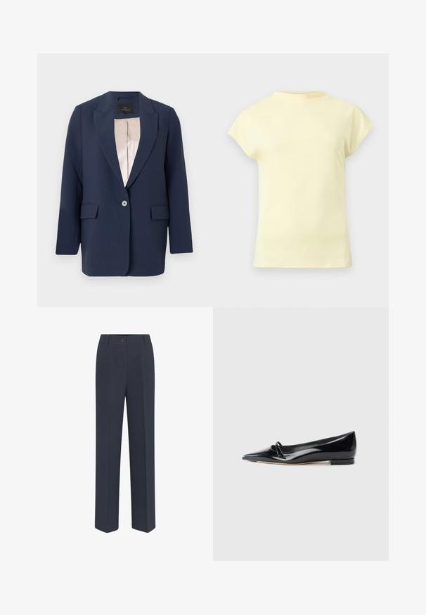 Veste blazer bleu marine à un bouton, avec revers crantés, poches à rabat et doublure intérieure en satin beige, présentée sur un fond uni.; T-shirt jaune clair à manches courtes avec un col rond, présenté sur un fond gris clair neutre.; Pantalons ajustés bleu marine avec une coupe droite, dotés d'une fermeture à bouton sur le devant et de détails de plis discrets. Texture de tissu lisse.; Chaussure plate en cuir verni noir avec un bout pointu, une petite lanière décorative et un petit talon carré. Texture lisse et design épuré.