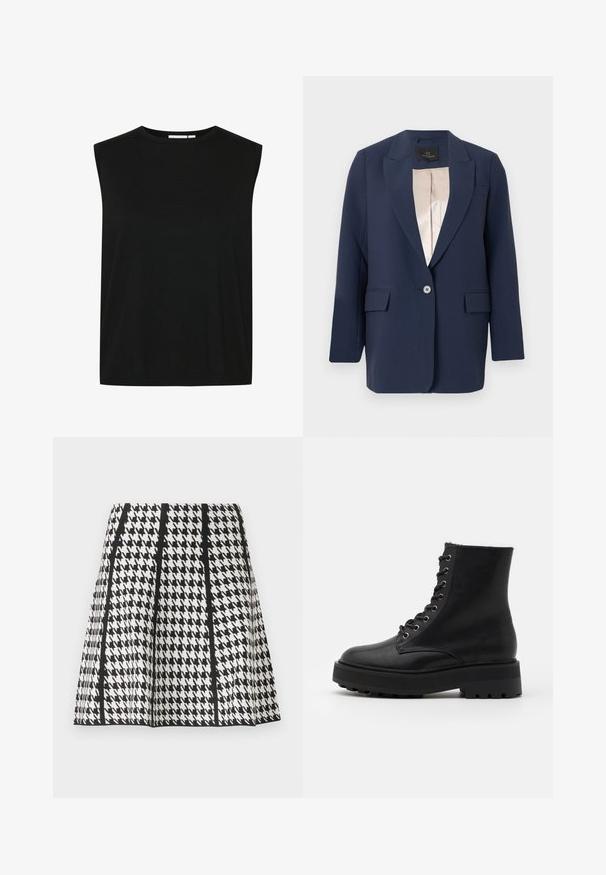 Marineblå blazer med enkelt knap, hakkede revers, klaplommer og beige satinfor, vist mod en ensfarvet baggrund.; Sort ærmeløs top med rund halsudskæring, lavet af et ribbet stof, med en løs pasform og lige kant, designet til komfort.; Sort-hvid A-formet nederdel med et hundetandsmønster og lodrette sorte striber på en ensfarvet baggrund.; Sorte læder ankel støvler med en rund tå, tekstureret overdel, metaløjer og en tyk, robust gummisål. Har et snørebåndsdesign.