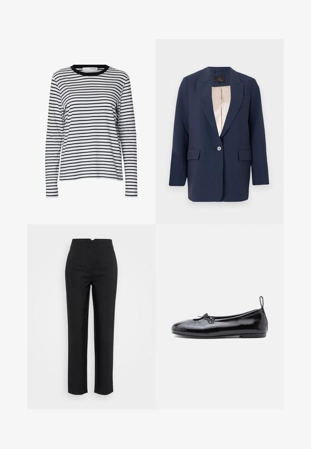 Marineblå blazer med enkelt knap, hakkede revers, klaplommer og beige satinfor, vist mod en ensfarvet baggrund.; Hvid langærmet skjorte med sorte vandrette striber og en sort rund hals, vist på en ensartet hvid baggrund.; Sorte bukser med lige ben, plisseret foran og en glat stoftexture. Har høj talje og ingen synlige lommer.; Sorte patenterede læder ballet flats med rund tå, lille sløjfedetalje og glat tekstur; har en lav flad sål og en træksløjfe ved hælen.