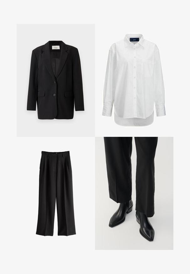 Blazer noir au design structuré, fermeture à un bouton, deux poches avant et doublure intérieure lisse. Coupe ajustée avec revers crantés.; Chemise blanche à manches longues en coton doux avec un col boutonné, une poche à l'avant et un ourlet arrondi. Présente un empiècement au dos pour plus de structure.; Pantalon noir à jambes larges avec plis et passants de ceinture, présenté sur fond blanc.; Bottes noires en cuir à la cheville avec un bout pointu, texture lisse et un talon carré. Associées à un pantalon noir à jambes larges, elles créent une silhouette élégante.
