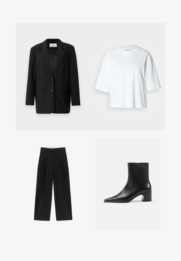 Schwarzer Blazer mit strukturiertem Design, Einzelknopfverschluss, zwei vorderen Taschen und glattem Innenfutter. Taillierte Passform mit Reverskragen.; Weißes, kurz geschnittenes T-Shirt mit kurzen Ärmeln und Rundhalsausschnitt, aus weichem Baumwollmaterial, mit einem einfachen und klaren Design.; Schwarze Hosen mit weitem Bein, vorderen Falten, Gürtelschlaufen und Seitentaschen, für eine taillierte Passform gefertigt.; Schwarze Lederschnürstiefelette mit spitzer Zehenform, glatter Textur und mittelhohem Blockabsatz. Minimalistisches Design, Reißverschluss hinten.