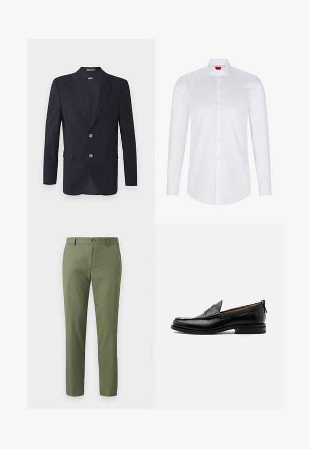 Marineblazer mit Schößchen, zwei vorderen Taschen, zwei silbernen Knöpfen und strukturiertem Stoff. Futter mit subtilm Muster.; Weißes langärmliges Hemd mit Knopfleiste, hergestellt aus glattem Baumwollstoff. Verfügt über einen klassischen Kragen, eine durchgehende Knopfleiste und einen abgerundeten Saum.; Grüne Hosen aus strukturiertem Stoff, mit schmalem Schnitt, geraden Beinen und einem Frontknopfverschluss. Geeignet für Freizeit- oder formelle Anlässe.; Schwarzer Leder-Herrenschuh mit Mokassinnaht, Penny-Riemen, strukturiertem Kragen und niedrigem gestapeltem Absatz auf weißem Hintergrund.