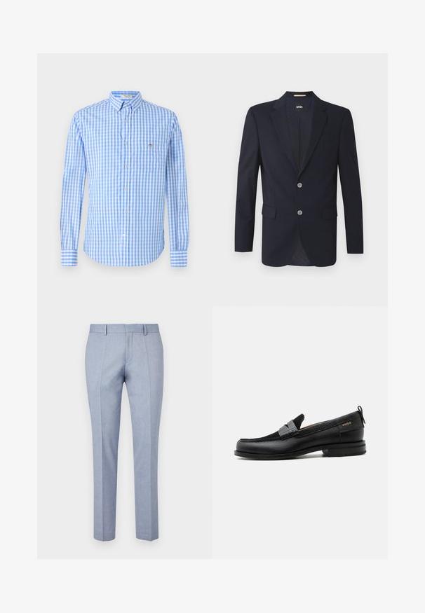 Blazer navy con solapa muesca, dos bolsillos frontales, dos botones plateados y tejido texturizado. El interior forrado presenta un patrón sutil.; Camisa de cuadros azul y blanca, de botones, con mangas largas, cuello y un bolsillo en el pecho. La tela parece suave y ligera.; Pantalones ajustados de color azul claro con una textura de tela suave, con un frentel plano, dos bolsillos frontales y un diseño de corte slim.; Mocasín de cuero negro con detalle de tira gris, tacón bajo y suela texturizada, con la marca "HUGO" en oro en el lateral.