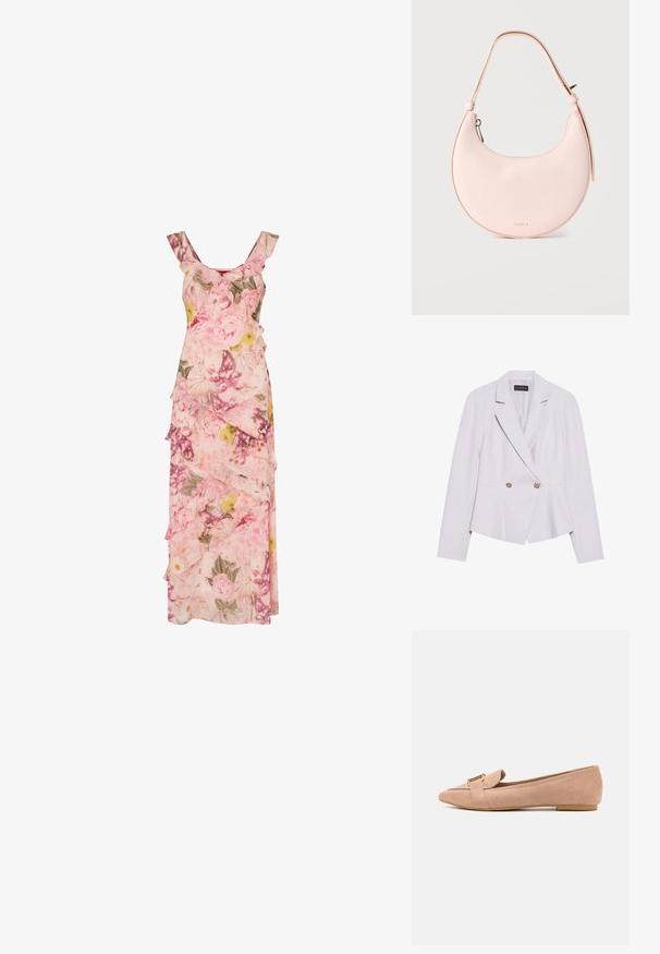 Lys lavendel blazer med en tætsiddende pasform, notched revers, dobbeltradet design og guldknap detaljer, fremstillet i et struktureret stof.; Pink maxiærmeløs kjole med flæser og blomsterprint med grønne blade, gule og lilla blomster.; Lyserøde ruskindsflade sko med spids tå, der har en fold-over detalje og guldspænde. Lav, flad sål. Glat tekstur.; Lyserød håndtaske i halvmåneform med enkelt buet rem og gyldent lynlås, med lille gyldent "Furla" logo nederst i midten.