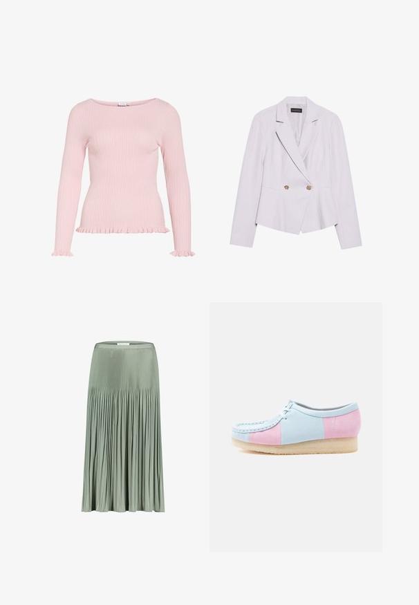 Blazer lavande clair à coupe ajustée, revers crantés, design croisé, et accents de boutons dorés, doté d'un tissu texturé.; Haut rose clair côtelé à manches longues avec encolure bateau, poignets volantés et détails volantés à l'ourlet.; Jupe midi plissée vert clair avec une taille cintrée, présentant des plis étroits en haut et des plis plus larges vers l'ourlet.; Chaussure basse avec panneaux en daim bleu pastel et rose, semelle en crêpe beige, bout arrondi et lacets blancs sur fond blanc.