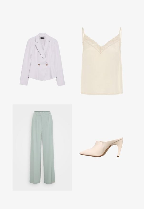 Blazer lavande clair à coupe ajustée, revers crantés, design croisé, et accents de boutons dorés, doté d'un tissu texturé.; Camisole en satin crème avec une dentelle le long de l'encolure, des bretelles réglables fines et une coupe décontractée. Texture lisse avec un léger éclat.; Pantalons larges vert clair avec une texture lisse, dotés d'une ceinture plate à l'avant et de plis pressés le long des jambes.; Mule beige à bout pointu, talon incurvé de hauteur moyenne et détails de couture minimaux près de l’ouverture sur fond blanc.