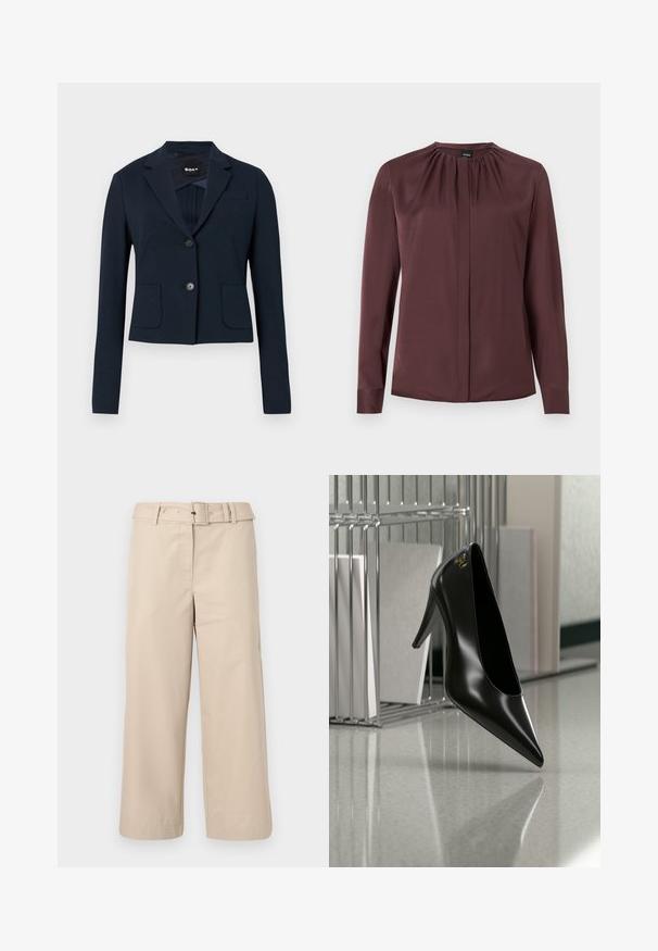 Blazer bleu marine ajusté avec deux boutons, deux poches avant et col à revers cranté.; Blouse à manches longues, marron foncé, avec un col froncé et des boutons avant cachés, fabriquée en tissu lisse.; Pantalons beige à jambes larges en tissu lisse. Dispose d'une taille ceinturée et de deux poches latérales. Coutures épurées et ourlet fini.; Chaussure noire à talon haut avec bout pointu et logo doré, posée sur une surface réfléchissante près d'un organiseur de dossiers en fil chromé contenant des documents.