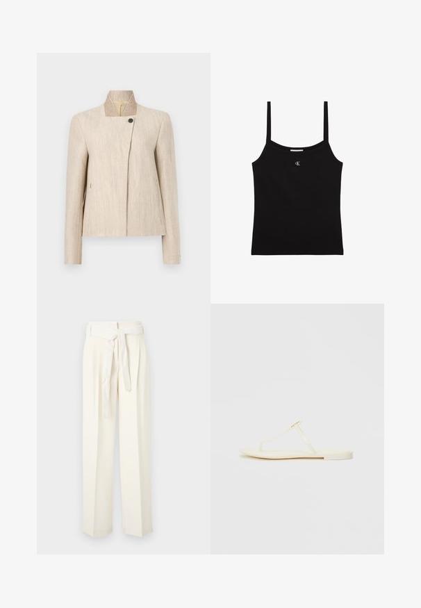 Beige linnen damesblazer met een opstaande kraag, enkele zwarte knoopsluiting bij de halslijn en lange mouwen.; Zwarte cropped tanktop met dunne schouderbandjes en een klein zilveren CK-logo gecentreerd onder de halslijn.; Crème-kleurige wijde broek met een ceintuur aan de taille. Gemaakt van zachte stof, met plooien en een gladde textuur zonder patronen.; Vlakke teensandalen in lichtgeel met een lichtgewicht zool, met een eenvoudig ontwerp en een minimalistische gouden accent.