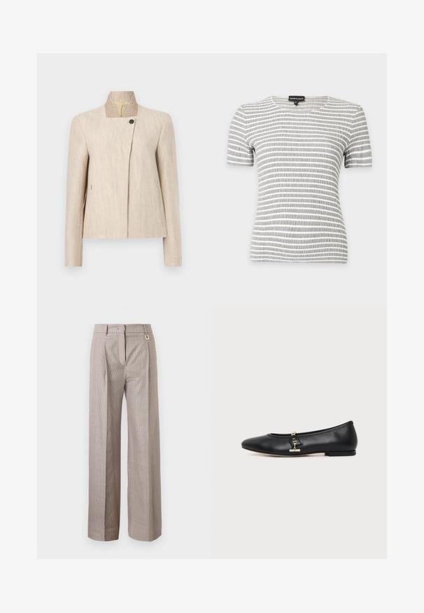 Blazer pour femme en lin beige avec col droit, fermeture par un seul bouton noir près de l'encolure et manches longues.; Chemise à manches courtes rayée horizontale grise et blanche avec un col rond et un tissu texturé sur un fond uni.; Pantalon taille haute à jambes larges avec un motif à carreaux beige et marron, plis sur le devant, passants pour ceinture, et fermeture avant dissimulée.; Chaussure plate en cuir noir avec bout arrondi et petit détail de boucle dorée sur le côté, présentée sur un fond clair uni.