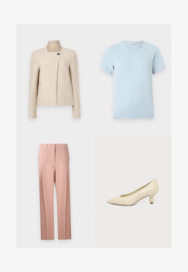 Blazer pour femme en lin beige avec col droit, fermeture par un seul bouton noir près de l'encolure et manches longues.; T-shirt bleu clair manches courtes à col rond avec une étiquette de marque visible à l'intérieur du col sur fond uni.; Pantalon ajusté rose clair avec jambes droites, passants pour ceinture et fermeture éclair à l’avant, présenté sur un fond blanc uni.; Chaussure femme couleur crème à bout pointu avec un petit talon rond en forme de boule, sur fond uni.
