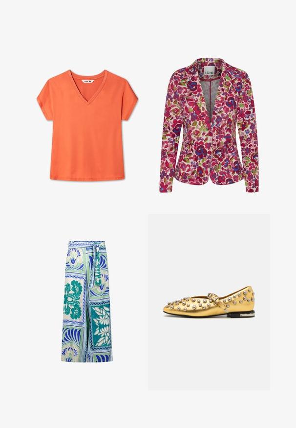 Blazer floral en tissu rose avec de vibrantes fleurs multicolores, un col cranté et une silhouette ajustée avec deux poches avant.; T-shirt orange à manches courtes avec col en V, étiquette taille moyenne, design uni et ourlet cousu.; Pantalon à jambes larges avec ceinture à nouer à la taille, avec un motif patchwork floral et géométrique vert, bleu et blanc.; Chaussure plate dorée avec un bout pointu, recouverte de clous en argent. Comprend une sangle à boucle et une semelle texturée. Fini métallique lisse.