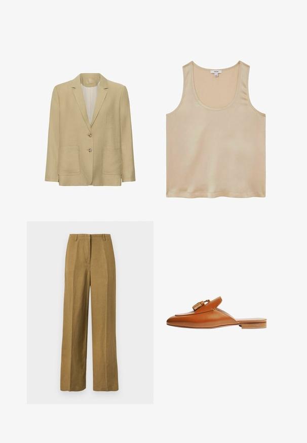 Beige blazer met textuur, voorzien van een reverskraag met inkeping, twee knopen aan de voorkant, lange mouwen en twee grote opgestikte zakken aan de voorkant.; Reiss REGULAR FIT - Blouse - neutral; Rechte kaki broek met riemlussen en een gulp met ritssluiting aan de voorkant, weergegeven op een effen witte achtergrond.; Leren tan instappers met een spitse neus, subtiele stiksels en een kleine houten hak. Voorzien van een decoratieve gespaccent op de voorkant.