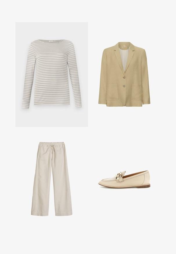 Beige tekstureret blazer med hakket krave, to forreste knapper, lange ærmer og to store forlommer.; TOM TAILOR STRIPED BOAT NECK - Langærmet T-shirt - taupe/offwhite; Beige bukser med vide ben, elastisk talje og snørre, forlommer og en løs pasform, der er velegnet til afslappet brug.; Beige læderloafer med lav hæl og guldfarvet spænde på overdelen, vist mod en hvid baggrund.