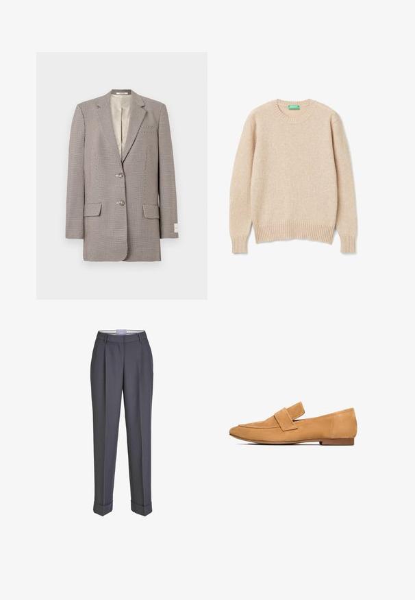 Ein einreihiger Blazer mit einem schwarz-weißen Hahnentrittmuster, zwei Knöpfen, schmalen Revers, Eingrifftaschen und beigem Innenfutter.; Beige gestrickter Pullover mit Rundhalsausschnitt, gerippten Bündchen und Saum. Weiche Textur mit leichtem Glanz, versehen mit einem Etikett in Grün.; Dunkelgraue Tailor-Hosen mit geradem Bein, gefalteter Vorderseite und umgeschlagenen Säumen. Hergestellt aus glattem Stoff und mit einem klassischen Bund versehen.; Tan-farbene Wildleder-Loafers mit flachem Absatz, runder Zehenpartie und einem gesteppten Riemen über dem Spann für einen eleganten Abschluss.