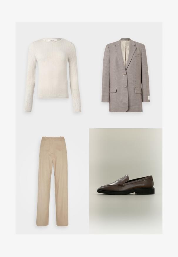 En enkeltknappet blazer med sort og hvidt hounds-tooth mønster, to knapper, klapkrave, klaplommer og beige foring.; Cremefarvet, langærmet striktrøje med et subtilt chevronmønster og rund halsudskæring, mærket "Selected" ved kraven.; Calvin Klein TAILORED STRAIGHT PANT - Bukser - cinder; Brun læderslip-on loafer med sort sål og lav hæl, med en remdetalje over vristen.