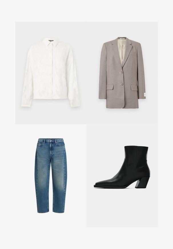 Ein einreihiger Blazer mit einem schwarz-weißen Hahnentrittmuster, zwei Knöpfen, schmalen Revers, Eingrifftaschen und beigem Innenfutter.; Weißes Hemd mit Knopfverschluss, mit einem strukturierten Blumenmuster, langen Ärmeln, Kragen und einer einzelnen Brusttasche. Hat eine lockere Passform.; Blaue Jeans aus Denim mit lockerem Schnitt, Fünf-Taschen-Design und ausgewaschenen Bereichen an den vorderen Oberschenkeln.; Schwarze Leder-Stiefelette mit spitzem Zeh, schlanker Silhouette und klobigem quadratischem Absatz. Glatte Textur mit minimalen Nähdetails.