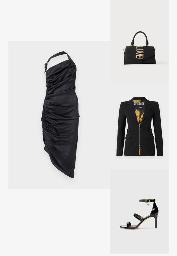 Sort tætsiddende blazer med for af guld barokmønster, frontlynlås, hakkede revers, detaljer med sidestropper og klaplommer.; Sort satin en-shoulder ruched midi-kjole med justerbar strop og guldbælge detalje på en ensfarvet baggrund.; Sorte patenterede lædersandaler med tre stropper, ankelspænde og 10 cm stiletthæl. Har detaljer i guld og et logo charms.; Sort håndtaske med enkelt håndtag, guldlås med ordet LOVE og "Love Moschino" branding på frontklappen.