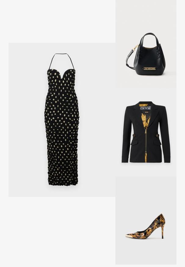 Sort tætsiddende blazer med for af guld barokmønster, frontlynlås, hakkede revers, detaljer med sidestropper og klaplommer.; Nanushka HAYLEN - Gallakjole - polka; Spidse højhælede sko med en glossy sort overflade, prydet med gyldne blomster mønstre og en metallisk guldkappe på tåen.; Sort Moschino håndtaske med guldlogo, top-håndtag, aftagelig skulderrem og snøredetalje på forsiderne.