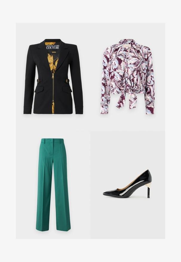 Sort tætsiddende blazer med for af guld barokmønster, frontlynlås, hakkede revers, detaljer med sidestropper og klaplommer.; Langærmet skjorte med knapper, med pink, blå og hvidt blomsterprint på mørkelilla, med knude foran og krave.; Grønne bukser med bred benvidde lavet af glat stof med en skræddersyet pasform, der har frontfolder og en to-lomme design.; Sorte patenterede læder højhælede sko med spids tå og udskæring design; har et slankt guldaccent på hælen. Enkel og elegant.