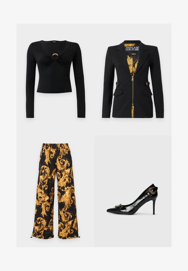 Sort tætsiddende blazer med for af guld barokmønster, frontlynlås, hakkede revers, detaljer med sidestropper og klaplommer.; Sort langærmet bluse med V-hals, der har samlet stof ved brystet og en rund metallisk detalje i midten. Blødt, strækbart materiale.; Sorte bukser med vide ben og elastisk talje, prydet med et dristigt barokmønster i gylden-gul farve og justerbare snore ved buksekanterne.; Sorte laklæder højhælede sko med spidse tæer, en sløjfedetalje foran og en dekorativ accent i guldtonet metal bagpå.