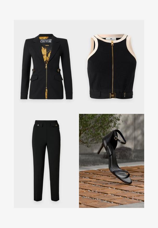 Sort tætsiddende blazer med for af guld barokmønster, frontlynlås, hakkede revers, detaljer med sidestropper og klaplommer.; Sort kort top med ribbet tekstur, gylden lynlås foran og cremefarvede detaljer langs halsen og armhulerne. Har en gylden spænde detalje.; Sort skræddersyede bukser lavet af glat stof, med en lige pasform, to forlommer med klapper og detaljer i guldfarvet metal.; Sort højhælet sandal med ankelsnor, der ser ud til at svæve over et trægulv udendørs med sløret grønt og sten i baggrunden.