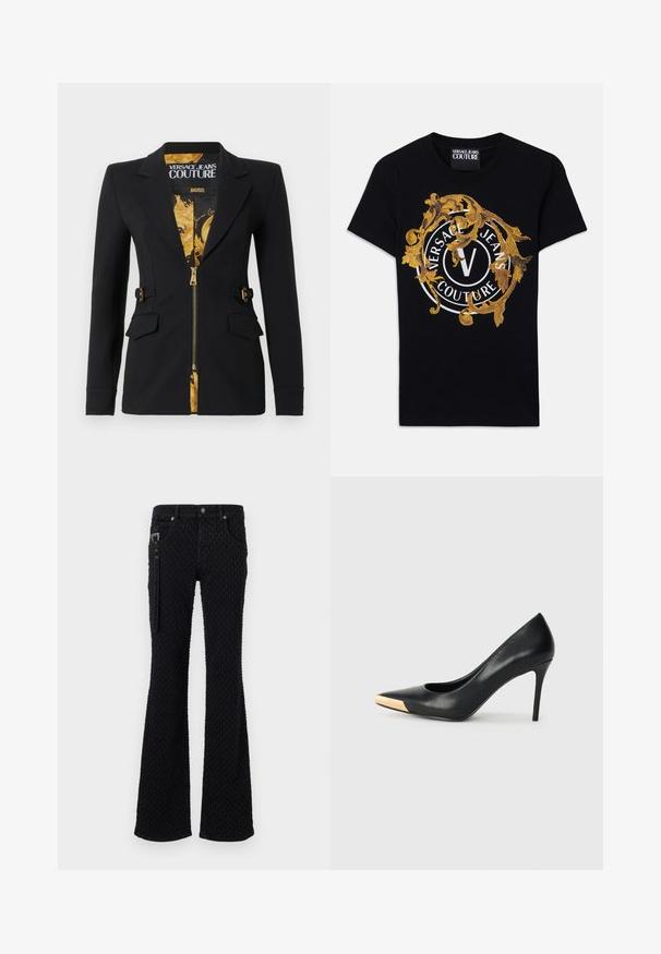 Sort tætsiddende blazer med for af guld barokmønster, frontlynlås, hakkede revers, detaljer med sidestropper og klaplommer.; Sort kortærmet Versace Jeans Couture t-shirt med guld barokdesign og en hvid cirkulær logo centreret på fronten.; Sorte flared jeans med et tekstureret stof og et subtilt mønster, sølvhardware og frontlommer. Lynlåsdetaillering på siden.; Sort læder stiletter med spids tå; har et metalisk guldakcent på tåkapperne. Glat overflade med et strømlinet design.