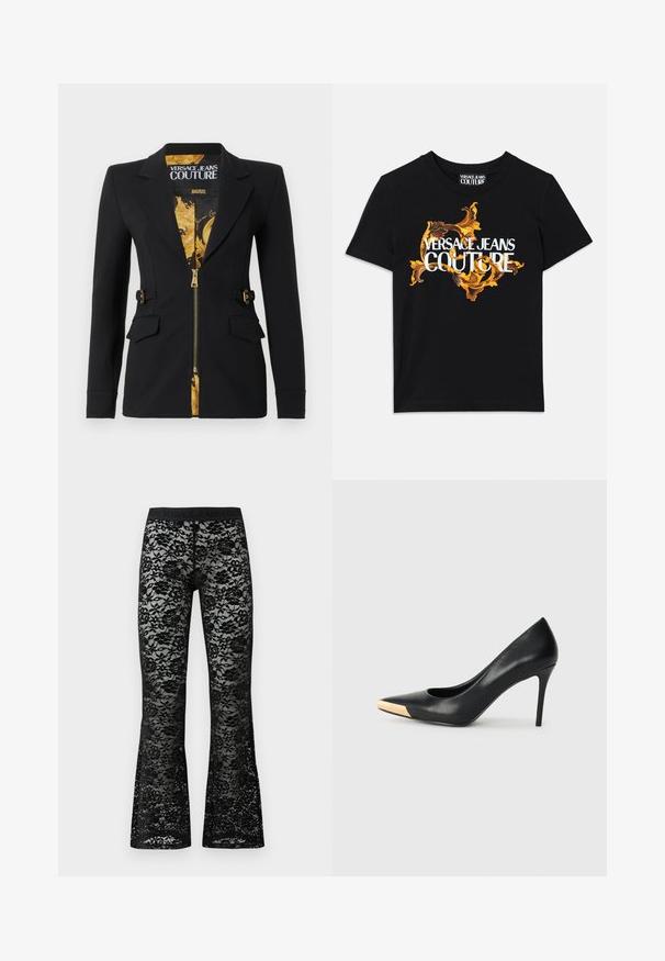 Sort tætsiddende blazer med for af guld barokmønster, frontlynlås, hakkede revers, detaljer med sidestropper og klaplommer.; Sort bomulds t-shirt med hvid tekst "VERSACE JEANS COUTURE" og et overdådigt guld design omkring teksten, korte ærmer, rund halsudskæring.; Sorte blonde flared bukser med blomstermønster, elastisk sort talje, gennemsigtig tekstur og en tætsiddende silhuet.; Sort læder stiletter med spids tå; har et metalisk guldakcent på tåkapperne. Glat overflade med et strømlinet design.