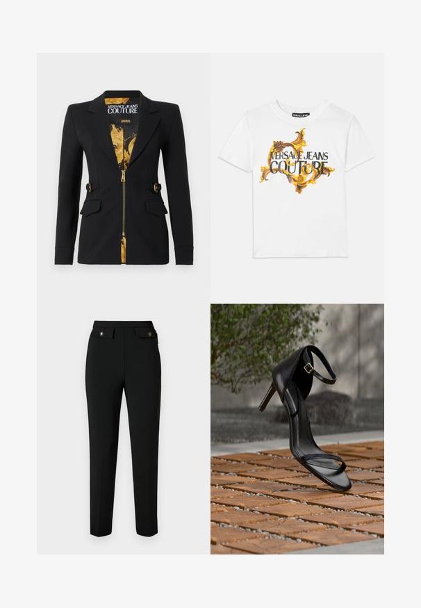 Sort tætsiddende blazer med for af guld barokmønster, frontlynlås, hakkede revers, detaljer med sidestropper og klaplommer.; Hvid bomulds t-shirt med et guld- og brun barokmønster, hvor "VERSACE JEANS COUTURE" er fremtrædende i sort skrift.; Sort skræddersyede bukser lavet af glat stof, med en lige pasform, to forlommer med klapper og detaljer i guldfarvet metal.; Sort højhælet sandal med ankelsnor, der ser ud til at svæve over et trægulv udendørs med sløret grønt og sten i baggrunden.