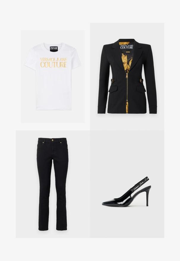 Sort tætsiddende blazer med for af guld barokmønster, frontlynlås, hakkede revers, detaljer med sidestropper og klaplommer.; Hvid bomulds T-shirt med iøjnefaldende gul tekst, der står "VERSACE JEANS COUTURE" på fronten. Klassisk crew neck-design, korte ærmer.; Sorte denimjeans med lige snit, fem-lomme design, knaplukning og hardware-accenter i guldtoner. Blød tekstur med minimal detaljer.; Sorte patentlæder slingback hæl med spidse tæer, der har en udskåret sektion og en elastisk rem prydet med mærkenavnet.