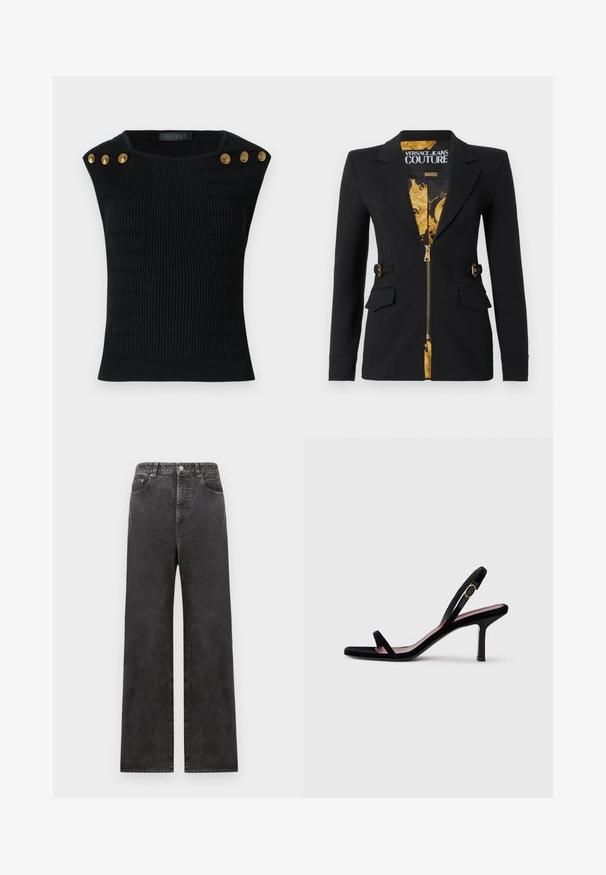 Zwarte getailleerde blazer met goudkleurige barokvoering, ritssluiting aan de voorkant, revers met inkeping, zijdetails met gespen en klepzakken.; Zwarte geribbelde gebreide top met schouderknopen in goud. Heeft een gestructureerd patroon, een aansluitend ontwerp en een ronde halslijn.; Zwarte denim broek met wijde pijpen en een hoge taille, voorzien van voorzakken, een knoopsluiting en een licht vervaagde structuur.; Zwarte suede dames hooggehakte sandaal met smalle bandjes en een gouden gesp op een witte achtergrond, zijaanzicht.