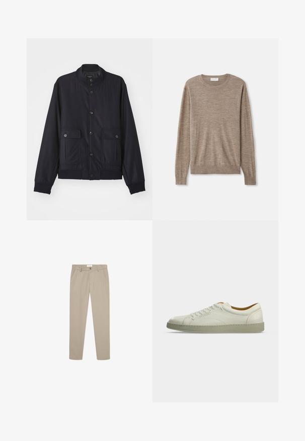 Marineblå jakke lavet af blødt materiale, med høj krave, frontlukning med knapper, to brystlommer og ribbede kanter og manchetter.; Beige sweater lavet af fint strikket materiale. Har en rund halsudskæring, lange ærmer samt ribkantede manchetter og søm. Simpelt og klassisk design.; Beige skræddersyede bukser lavet af et glat stof. Har forlommer, en knaplukning og et slankt, lige ben-design.; Hvid lavtop lædersneaker med beige sål, sidelacing og minimale syningsdetaljer, vist på en ensartet lys grå baggrund.