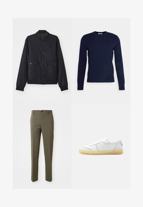 Navy blue jas van zacht materiaal, met een hoge kraag, voor een knoopsluiting, twee borstzakken en een geribde zoom en manchetten.; Marineblauwe ronde hals trui van zachte stof, met lange mouwen en een geribbelde zoom. Geen zichtbare patronen of versieringen.; Olijfgroene op maat gemaakte broeken met een gladde textuur, recht pijpdesign, enkele frontknop en zijzakken voor functionaliteit.; Witte lage leren sneaker met beige doorschijnende zool, veters aan de voorkant en minimale stiksel details, zijaanzicht op een effen achtergrond.