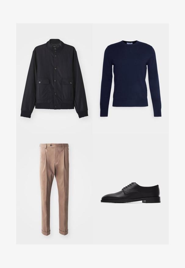 Marineblå jakke lavet af blødt materiale, med høj krave, frontlukning med knapper, to brystlommer og ribbede kanter og manchetter.; Mørkeblå crew-neck sweater lavet af blødt stof, med lange ærmer og ribbet kant. Ingen synlige mønstre eller dekorationer.; Khaki bukser lavet af struktureret stof, med høj talje, lynlås, og optrukne manchetter, samt en enkelt knaplukning i taljen.; Sort læder Oxford-sko til mænd med lukkede snørebånd og lavt stablet hæl, vist i sideprofil mod en hvid baggrund.