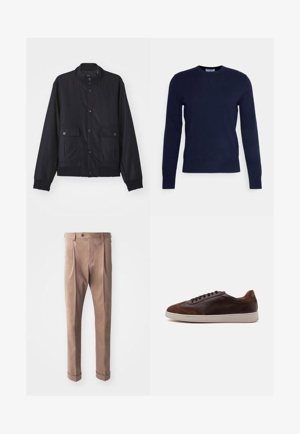 Marineblaue Jacke aus weichem Material, mit hohem Kragen, vorderem Knopfverschluss, zwei Brusttaschen sowie geripptem Saum und Ärmeln.; Dunkelblauer Rundhalsausschnitt-Pullover aus weichem Material, mit langen Ärmeln und geripptem Saum. Keine sichtbaren Muster oder Verzierungen.; Khakihosen aus strukturierter Stoffqualität, mit hoher Taille, Falten und umgeschlagenen Säumen, sowie einem einzelnen Knopfverschluss an der Taille.; Low-Top brauner Leder- und Veloursledersneaker mit dunkelbraunen Schnürsenkeln und weißer Gummisohle, von der Außenseite gezeigt.