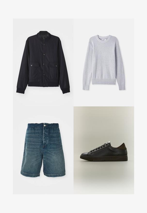 Marineblaue Jacke aus weichem Material, mit hohem Kragen, vorderem Knopfverschluss, zwei Brusttaschen sowie geripptem Saum und Ärmeln.; Hellgrauer Strickpullover mit Rundhalsausschnitt, langen Ärmeln, gerippten Bündchen und Saum, der ein strukturiertes Webmuster aufweist.; Dunkelblaue Denim-Shorts mit lockerer Passform, Knopfverschlüsse und sichtbaren Nähten an Saum und Taschen.; Schwarzer, niedriger Ledersneaker mit Schnürdesign und strukturierter Sohle, im Profil auf neutralem Hintergrund dargestellt.