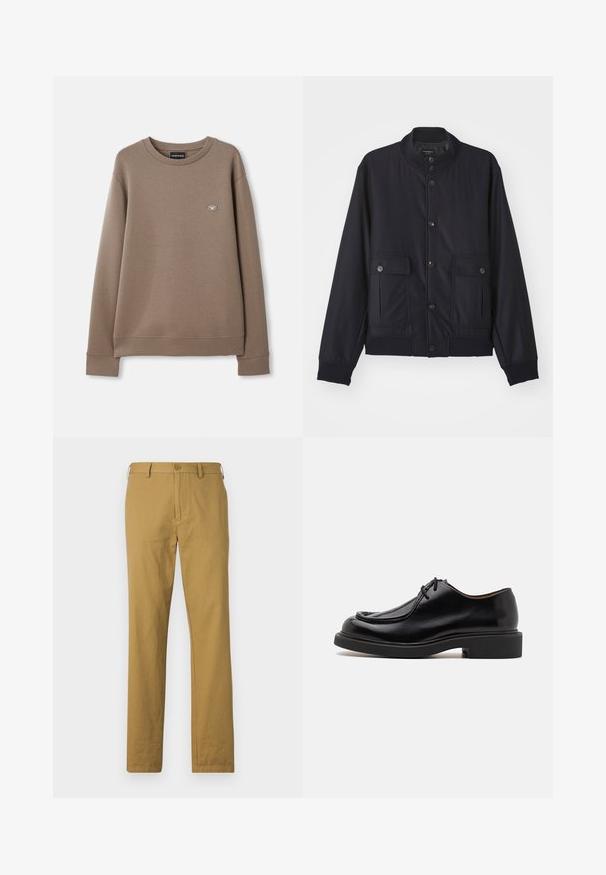 Marineblaue Jacke aus weichem Material, mit hohem Kragen, vorderem Knopfverschluss, zwei Brusttaschen sowie geripptem Saum und Ärmeln.; Brauner Langarm-Crewneck-Sweatshirt mit kleinem Emporio Armani Logo-Patch auf der linken Brust, auf einem schlichten weißen Hintergrund dargestellt.; Beige Baumwollhosen mit geradem Schnitt, Vorderseiten-Taschen und Knopfverschluss. Glatte Textur und minimalistisches Design, keine sichtbaren Muster.; Schwarzer Lederschuh mit runder Zehenform, gesteppten Details, minimalen Schnürsenkeln und dicker Gummisohle für Traktion und Langlebigkeit.