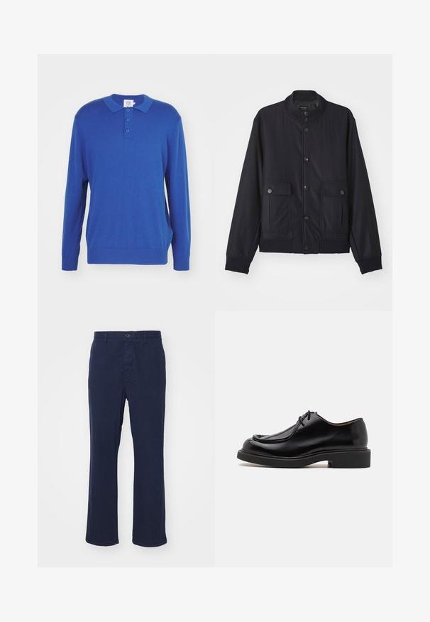 Navy blue jas van zacht materiaal, met een hoge kraag, voor een knoopsluiting, twee borstzakken en een geribde zoom en manchetten.; Blauwe polo trui met lange mouwen, een kraag, drie knopen sluiting en geribbelde manchetten en zoom. Gemaakt van een zachte gebreide stof.; Navyblauwe katoenen broek met een recht pijpdesign, voorzien van een sluiting met een voorknoop en zijzakken. Gladde textuur met minimale details.; Zwarte leren schoen met een ronde neus, gestikte details, minimale veters en een dikke rubberen zool voor grip en duurzaamheid.