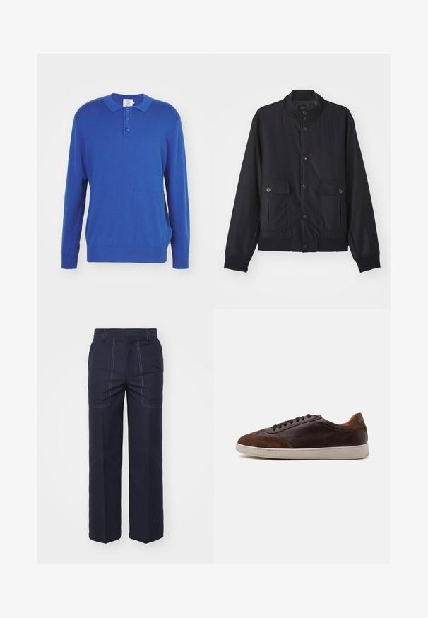 Marineblå jakke lavet af blødt materiale, med høj krave, frontlukning med knapper, to brystlommer og ribbede kanter og manchetter.; Langærmet blå polo-sweater med krave, tre knaplukninger og ribbede manchetter og kant. Fremstillet af et blødt strikket stof.; Mørkeblå bukser med vidde og kontrastsyninger, med høj talje og to forlommer for ekstra detaljer og funktionalitet.; Lavtop brune læder- og ruskindsneakers med mørkebrune snørebånd og en hvid gummisål set fra ydersiden.