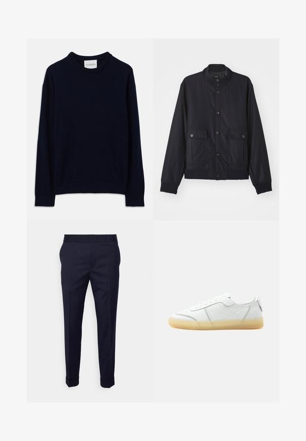Marineblaue Jacke aus weichem Material, mit hohem Kragen, vorderem Knopfverschluss, zwei Brusttaschen sowie geripptem Saum und Ärmeln.; Marineblaues Langarm-Crewneck-Sweatshirt mit gerippten Bündchen und Saum, versehen mit einem kleinen weißen Etikett mit "CLOSED" am Kragen.; Marineblaue Hose mit glatter Textur, ausgestattet mit einem elastischen Bund und umgeschlagenen Bündchen, im schmal geschnittenen Design mit seitlichen Taschen.; Weißer flacher Ledersneaker mit beiger durchsichtiger Sohle, Schnürung vorne und minimalen Nähten, seitlich auf schlichtem Hintergrund gezeigt.
