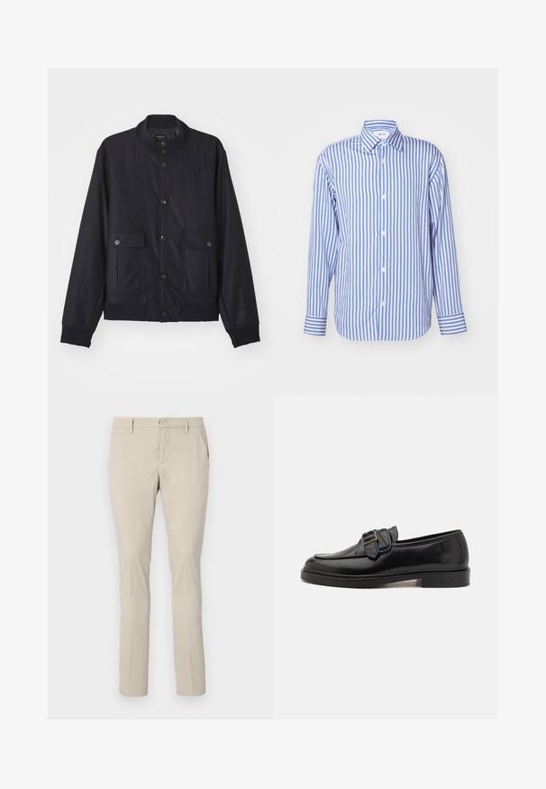 Veste bleu marine en matériau doux, dotée d'un col haut, d'une fermeture à boutons sur le devant, de deux poches poitrine et d'un ourlet et de poignets côtelés.; Chemise rayée bleue et blanche, col, manches longues, fermeture à boutons, tissu doux, avec des poignets à boutons et des rayures verticales uniformément espacées.; Chinos beige avec une coupe droite, dotés de poches latérales et d'une texture de tissu lisse. Aucuns motifs visibles ni détails métalliques.; Mocassins en cuir noir avec un bout arrondi et une boucle décorative. Talon plat, solide et texture lisse sur l'ensemble.
