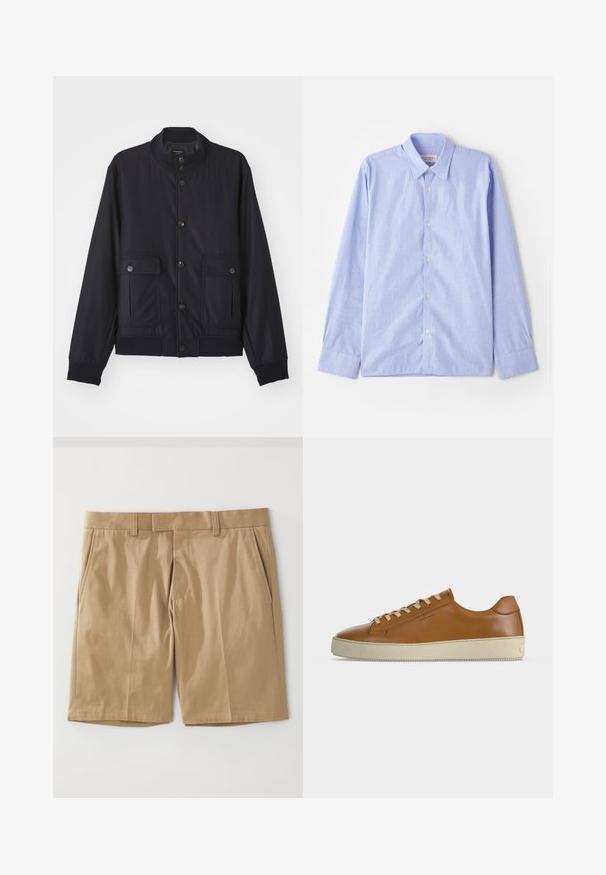 Marineblå jakke lavet af blødt materiale, med høj krave, frontlukning med knapper, to brystlommer og ribbede kanter og manchetter.; OFFICINE GENERALE SOFT - Skjorter - light blue; Khaki shorts med en glat, vævet tekstur, der har to sidelommer og en lige snit, designet med en flad talje og bæltestropper.; Lavtop brun læder sneaker med cremefarvede snørebånd og tyk cremefarvet gummisål vist i sideprofil på hvid baggrund.