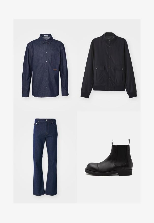 Veste bleu marine en matériau doux, dotée d'un col haut, d'une fermeture à boutons sur le devant, de deux poches poitrine et d'un ourlet et de poignets côtelés.; Chemise en denim foncé avec un devant boutonné, un col pointu, une poche poitrine unique et des détails de couture contrastants.; Jeans évasés de couleur bleu foncé en denim. Comprend cinq poches, une fermeture éclair à l'avant et un bouton métallique. Accents de couture classique.; Bottine Chelsea en cuir noir à bout arrondi, panneaux latéraux élastiques, languettes à l’avant et à l’arrière, semelle plate, vue de côté sur fond blanc.