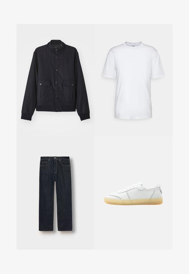 Marineblaue Jacke aus weichem Material, mit hohem Kragen, vorderem Knopfverschluss, zwei Brusttaschen sowie geripptem Saum und Ärmeln.; Weißes Baumwoll-T-Shirt mit Rundhalsausschnitt, kurzen Ärmeln und geradem Saum. Auf der linken Seitennaht befindet sich ein kleines Markenzeichen.; Dunkelblaue gerade geschnittene Jeans aus Denim-Stoff, mit Gürtelschlaufen, vorderen Taschen und kontrastierenden Nähten. Minimalistisches Design ohne Verzierungen.; Weißer flacher Ledersneaker mit beiger durchsichtiger Sohle, Schnürung vorne und minimalen Nähten, seitlich auf schlichtem Hintergrund gezeigt.